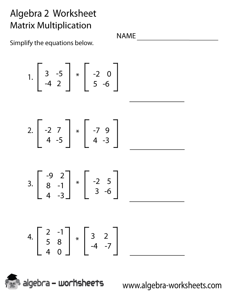 Matrix Multiplication Algebra 2 Worksheet Printable - Optimized for Printing
