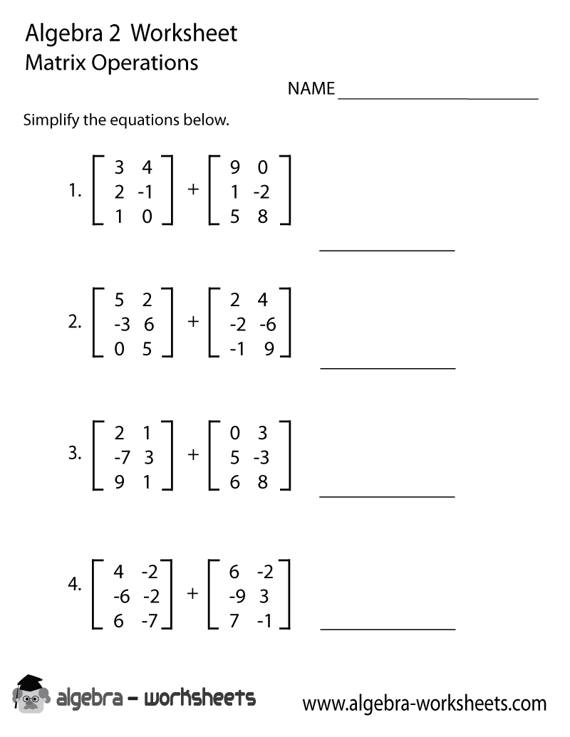 Matrix Operations Algebra 2 Worksheet Printable - Optimized for Printing