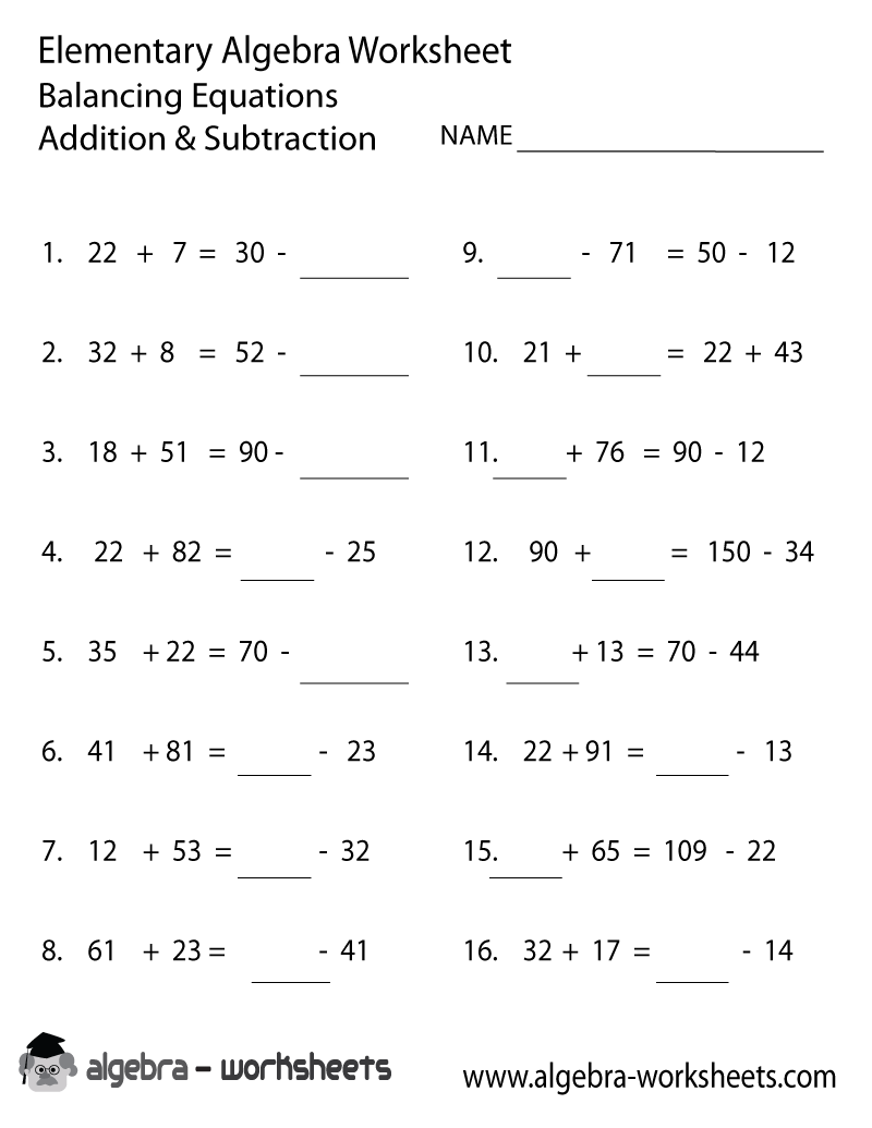 Addition Subtraction Elementary Algebra Worksheet Printable - Optimized for Printing