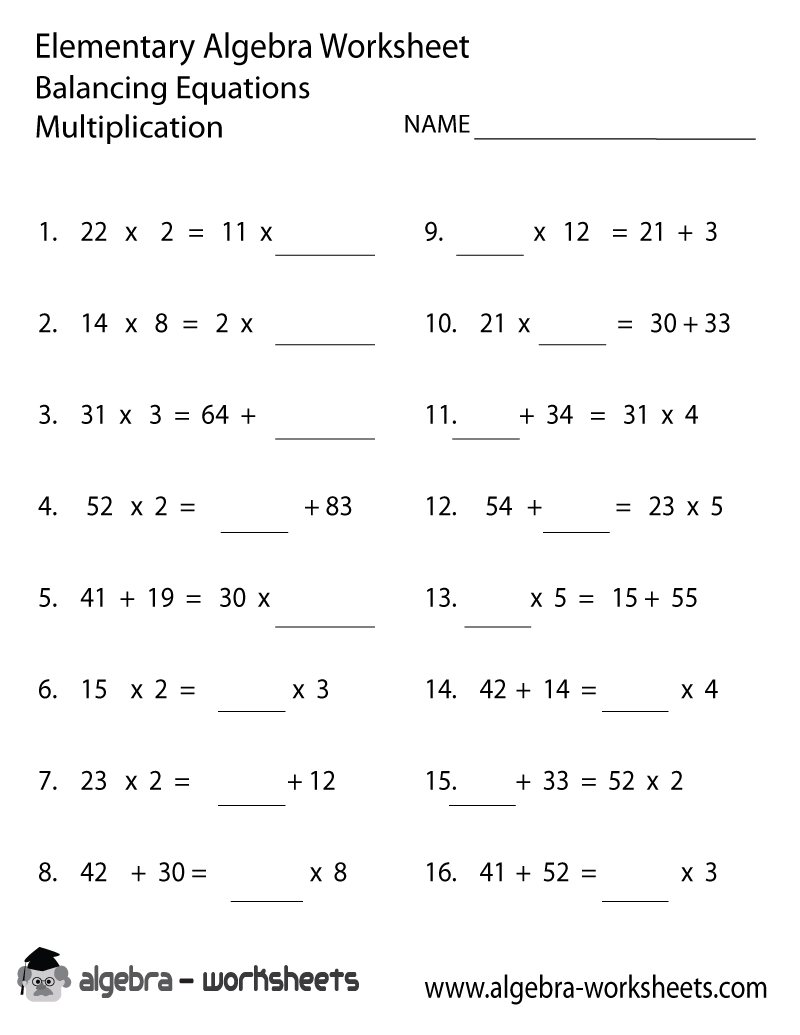 Balancing Equations Elementary Algebra Worksheet Printable - Optimized for Printing