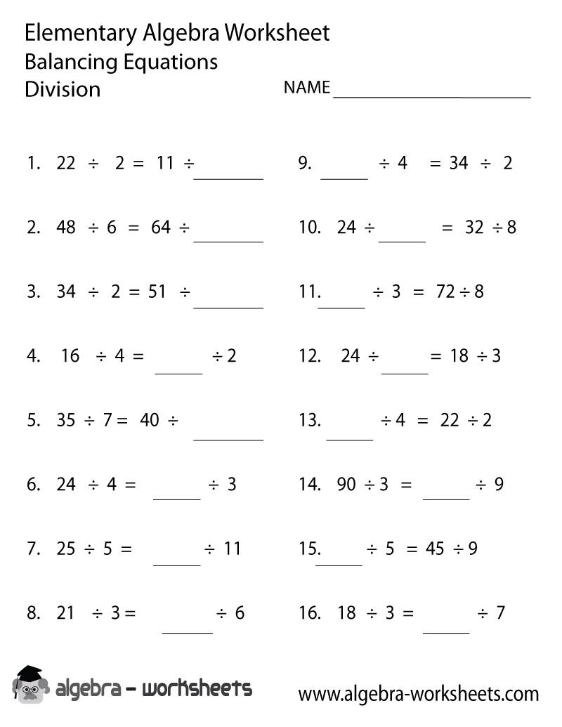 Division Elementary Algebra Worksheet Printable - Optimized for Printing