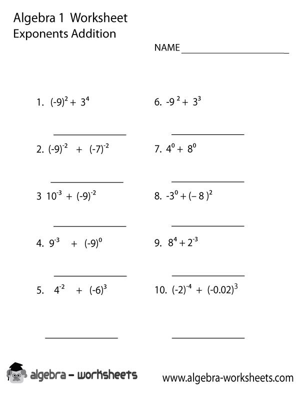 Exponents Addition Algebra 1 Worksheet