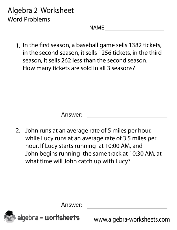 Algebra 2 Word Problems Worksheet