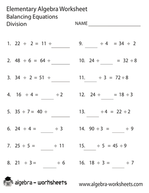 Division Elementary Algebra Worksheet