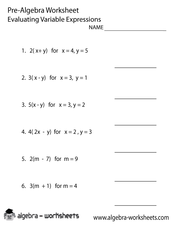 Variables Pre-Algebra Worksheet