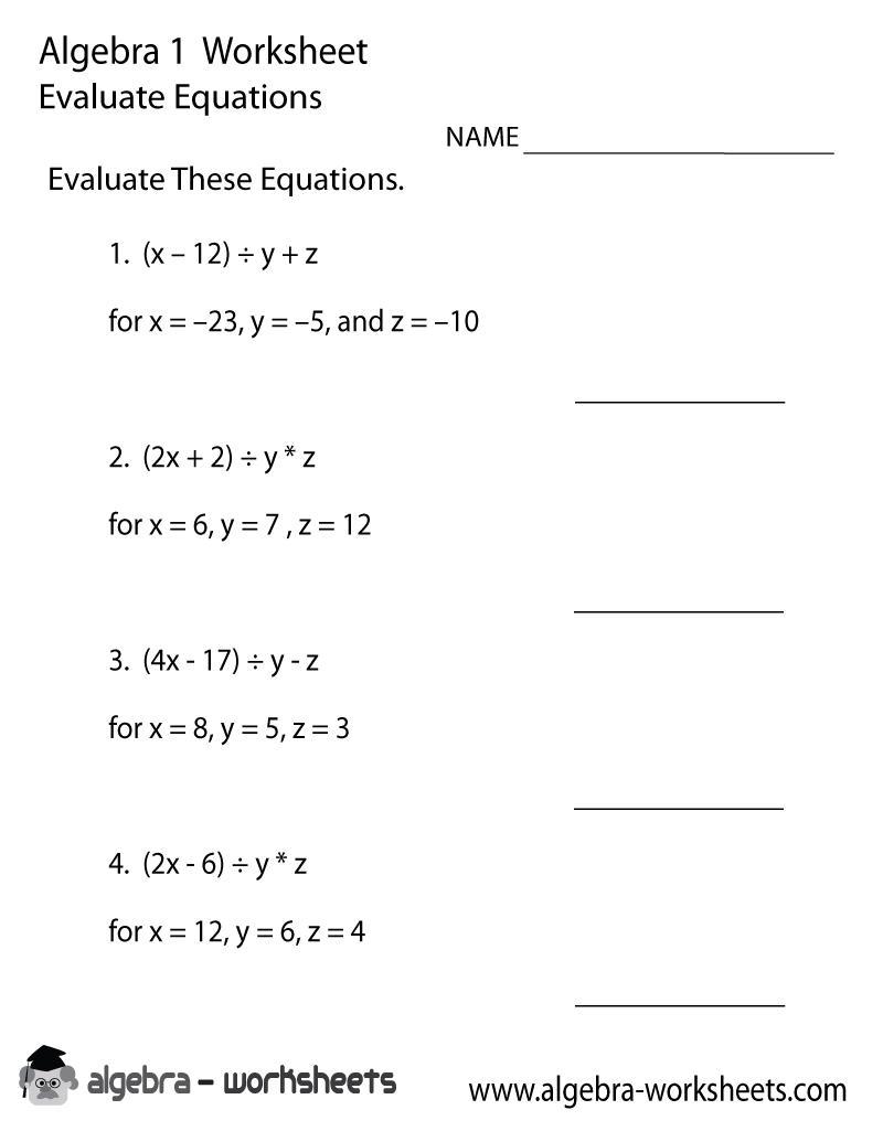 Print the Free Evaluate Equations Algebra 1 Worksheet - Printable Version