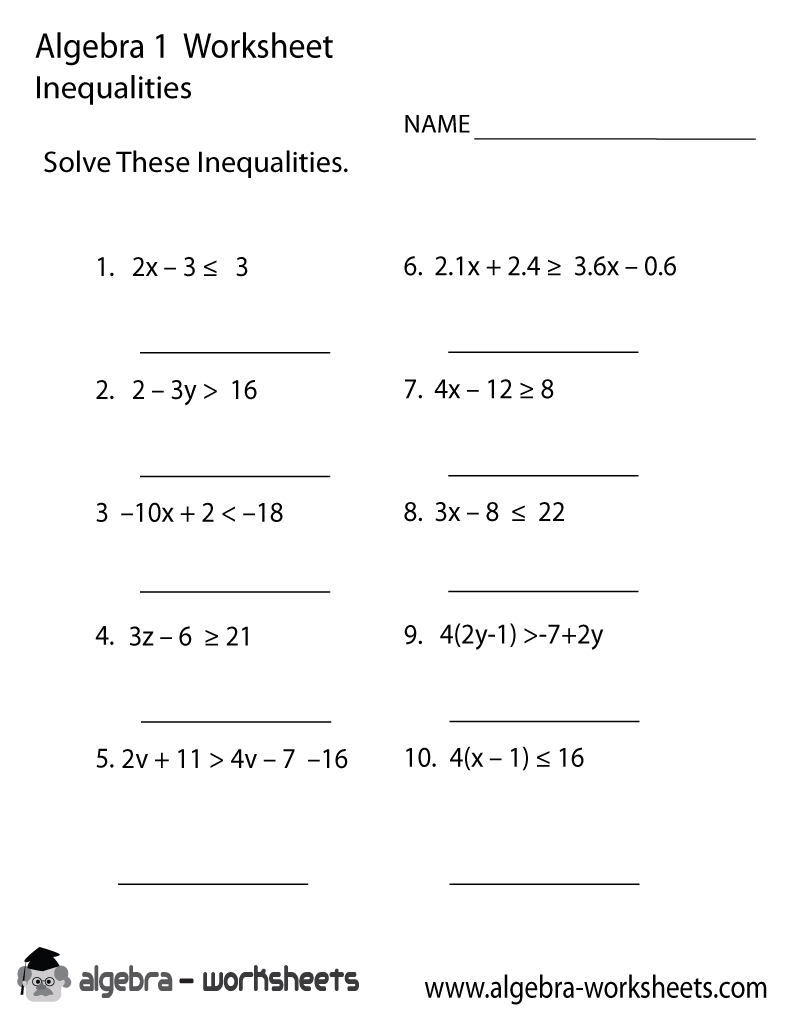 Inequalities Algebra 1 Worksheet Printable - Optimized for Printing