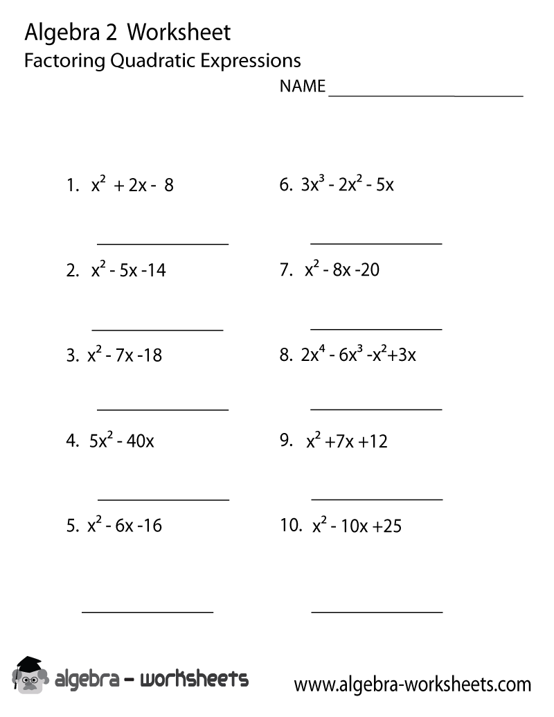 Quadratic Expressions Algebra 2 Worksheet Printable - Optimized for Printing