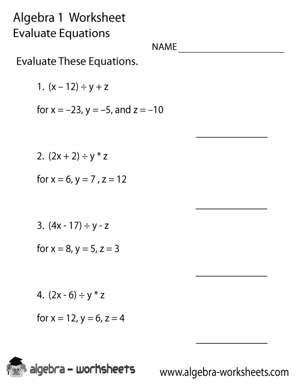 Evaluate Equations Algebra 1 Worksheet