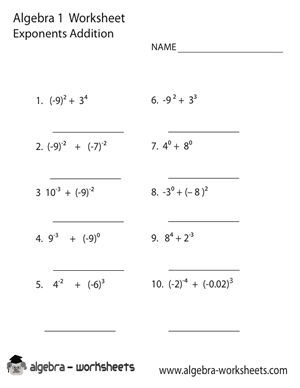 Algebra 1 Exponents Addition Worksheet