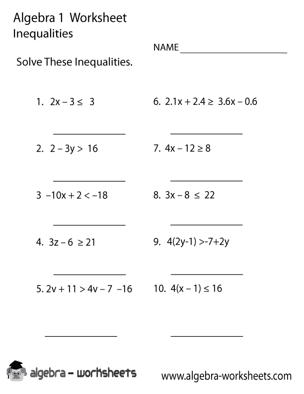 Inequalities Algebra 1 Worksheet