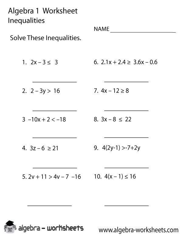 Inequalities Algebra 1 Worksheet Printable