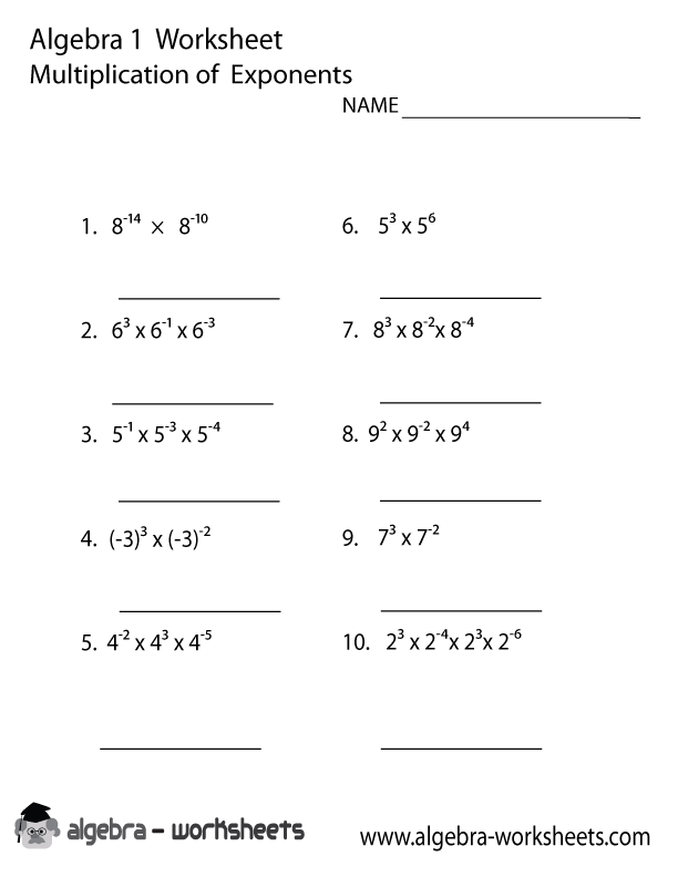 Multiplication Exponents Algebra 1 Worksheet