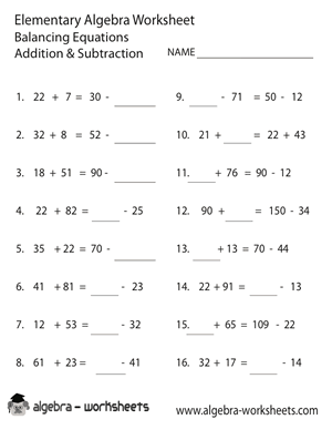 Addition and Subtraction Elementary Algebra Worksheet