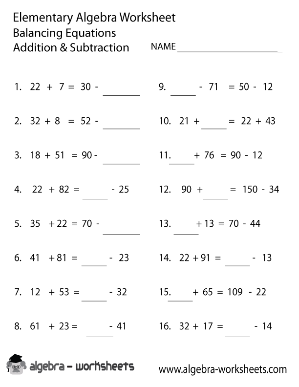  Addition Subtraction Elementary Algebra Worksheet Printable