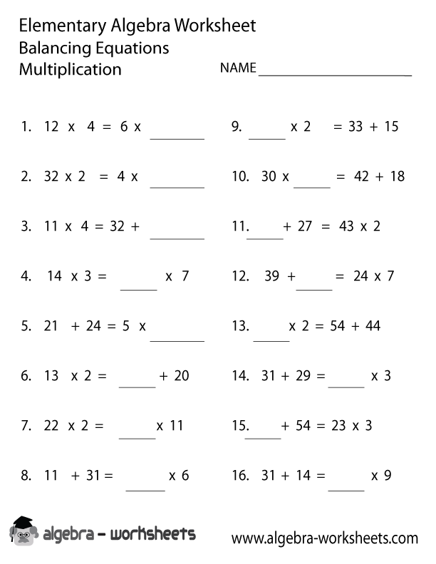  Multiplication Elementary Algebra Worksheet Printable