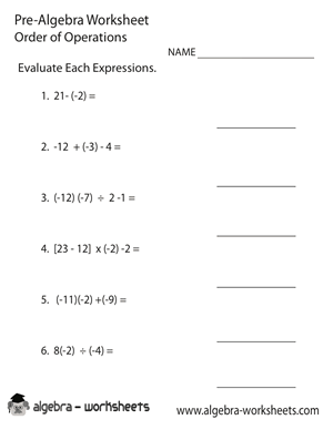 Order Operations Pre-Algebra Worksheet