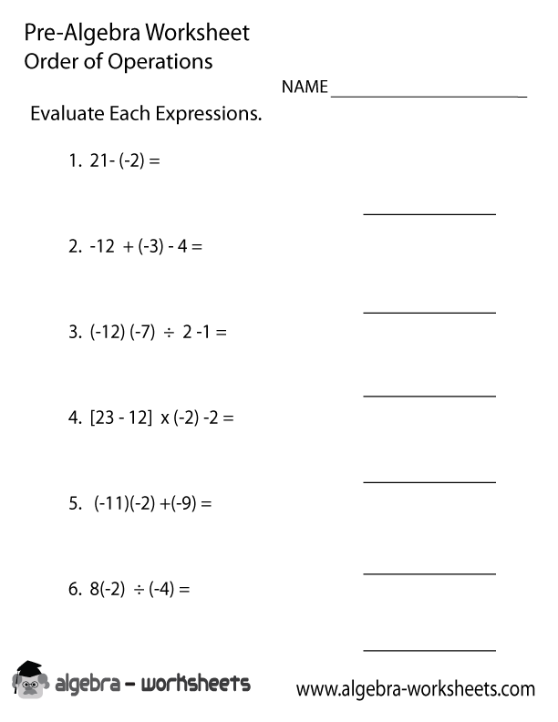 Order Operations Pre-Algebra Worksheet