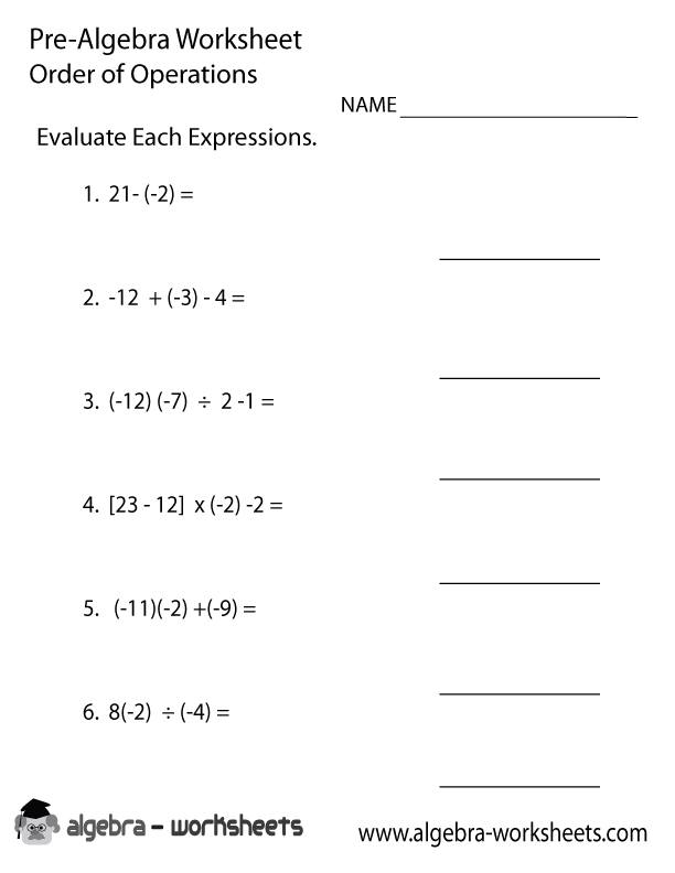 Order Operations Pre Algebra Worksheet Printable